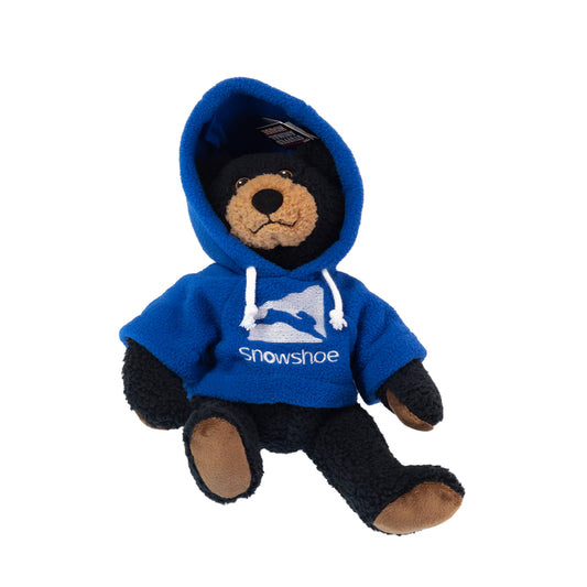 Snowshoe branded teddy bear with blue sweatshirt