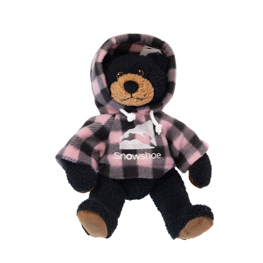 Snowshoe branded teddy bear with pink plaid sweatshirt